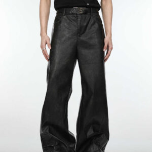 Black Leather Pants Men’s Loose Straight Casual Trousers