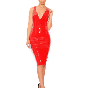 Mirror PU Leather Sleeveless V-neck Tight Dress