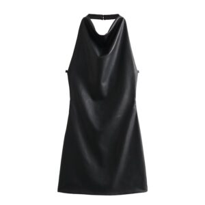 Autumn Female Halter Backless Solid Color Pu Leather Dress