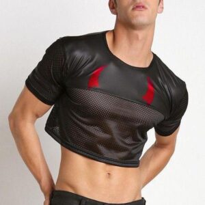 Men’s Leather Mesh Panel High Waist Half T-Shirt