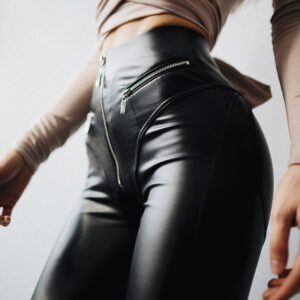 Dark Peach Buttocks Pu Tight High Waist Leather Pants Women