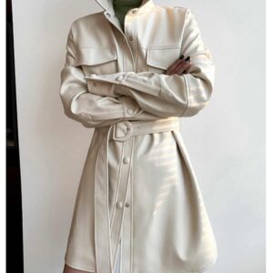 Retro White Shirt Leather Coat Women’s Mid-length Cinched Blouse