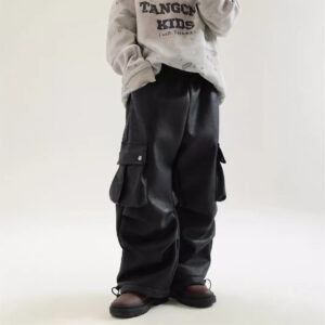 Boy Winter Fleece Lining Workwear Leather Pants