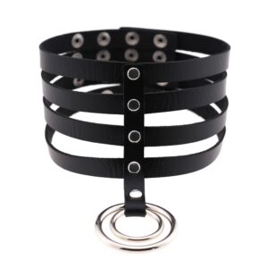 European And American Punk Leather Creative Four Rows Big Round Double Ring Double Ring 0 Ring Necklace Bound Collar Neck Strap Clavicle Chain