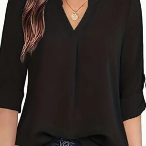 Chic Solid V-Neck Blouse – Fashionable Simplicity For Women – Relaxed Casual Long Sleeve Style