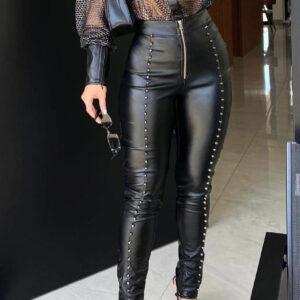 Women’s Black Zippered Rivet Leather Pants