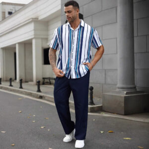 Casual Fashion Striped Short Sleeve Shirt Trousers Suit