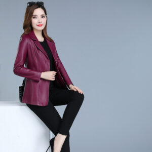 Short Leather Jacket Women Suit Collar Slim Fit