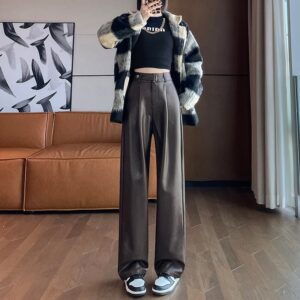 Black Matte Straight Leather Wide-leg Pants High Waist Drooping Slimming Off Pants