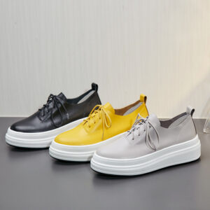 New Height Increase Casual Shoes Women Simple Yellow Leather Lace-up Single Shoes Platform Platform Shoes British Style Women’s Shoes