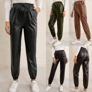 Motorcycle Leather Versatile Elastic Waist PU Leather Leather Pants Women