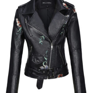 Giolshon Autumn Flowers Embroidery PU Leather Jacket Women