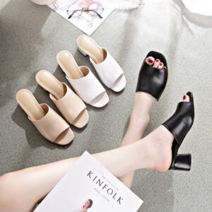 All Leather Fashion Square Toe Mid-high Heel Slippers