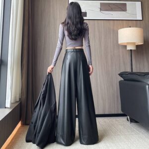 Suit Wide-leg Leather Pants Women’s High Waist Loose