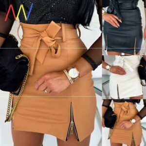 Women Bandage PU Leather Skirt Ladies Short Mini Skirts