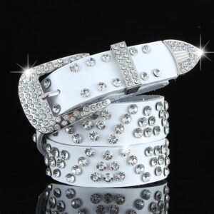 Fashion All-match Black and White Leather Belt With Diamond Leather Wide Leather Belt With Crystals