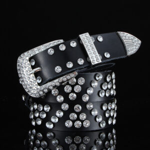 Fashion All-match Black and White Leather Belt With Diamond Leather Wide Leather Belt With Crystals