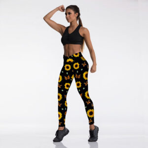 Sunflower Butterfly Print High Waist Sport Leggings, Women’S Breathable Push-Up Pants, Gym Clothing, Fitness, High Elasticity