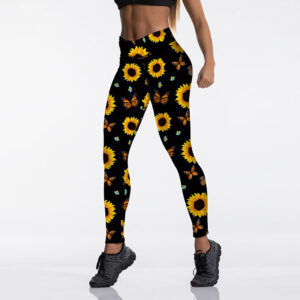 Sunflower Butterfly Print High Waist Sport Leggings, Women’S Breathable Push-Up Pants, Gym Clothing, Fitness, High Elasticity