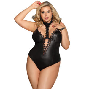 Imitation Leather Plus Size One-piece Underwear Deep V Tight-fitting Hip Skirt