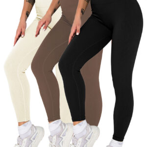 3 Pack Womens Seamless Ribbed Leggings Soft Slimming Yoga Pants, Ribbed Yoga Pants High Waisted Gym Leggings Sport Women Fitness Seamless Female