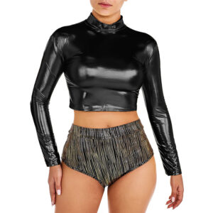 Patent leather long-sleeved small high-neck tight leather top