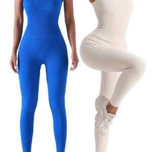 2 Pack Women’s Ribbed Solid Color One-Piece Jumpsuit, Form-Fitting Sensual Activewear, Classic Sleeveless Full-Length Pants For Sport Casual Wear