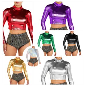 Patent leather long-sleeved small high-neck tight leather top