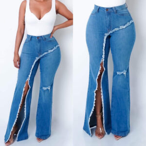 New style elastic ripped flared pants jeans women