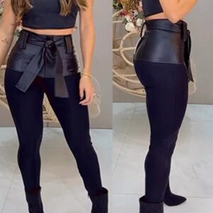 Women’s Stitching Leather Belt Trousers