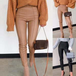 FSDA Fashion PU Leather Pants Khaki Women Casual Zip