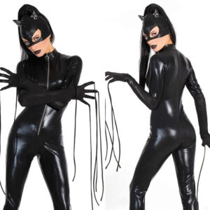 Women Black Patent Leather Catgirl Bodysuit