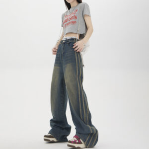 Vintage Stripe Wide Straight Jeans For Women