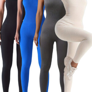 4 Pack Women’s Ribbed Solid Color One-Piece Jumpsuit, Form-Fitting Sensual Activewear, Classic Sleeveless Full-Length Pants For Sport Casual Wear