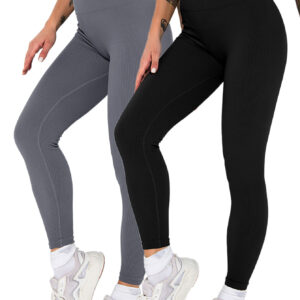 2 Pack Womens Seamless Ribbed Leggings Soft Slimming Yoga Pants, Ribbed Yoga Pants High Waisted Gym Leggings Sport Women Fitness Seamless Female