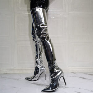 Women’s Fashion Silver Patent Leather Knee High Boots