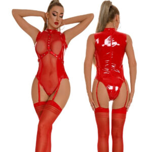 Oily Patent Leather Zipper Armband Binding Open Crotch One-piece Women’s Underwear